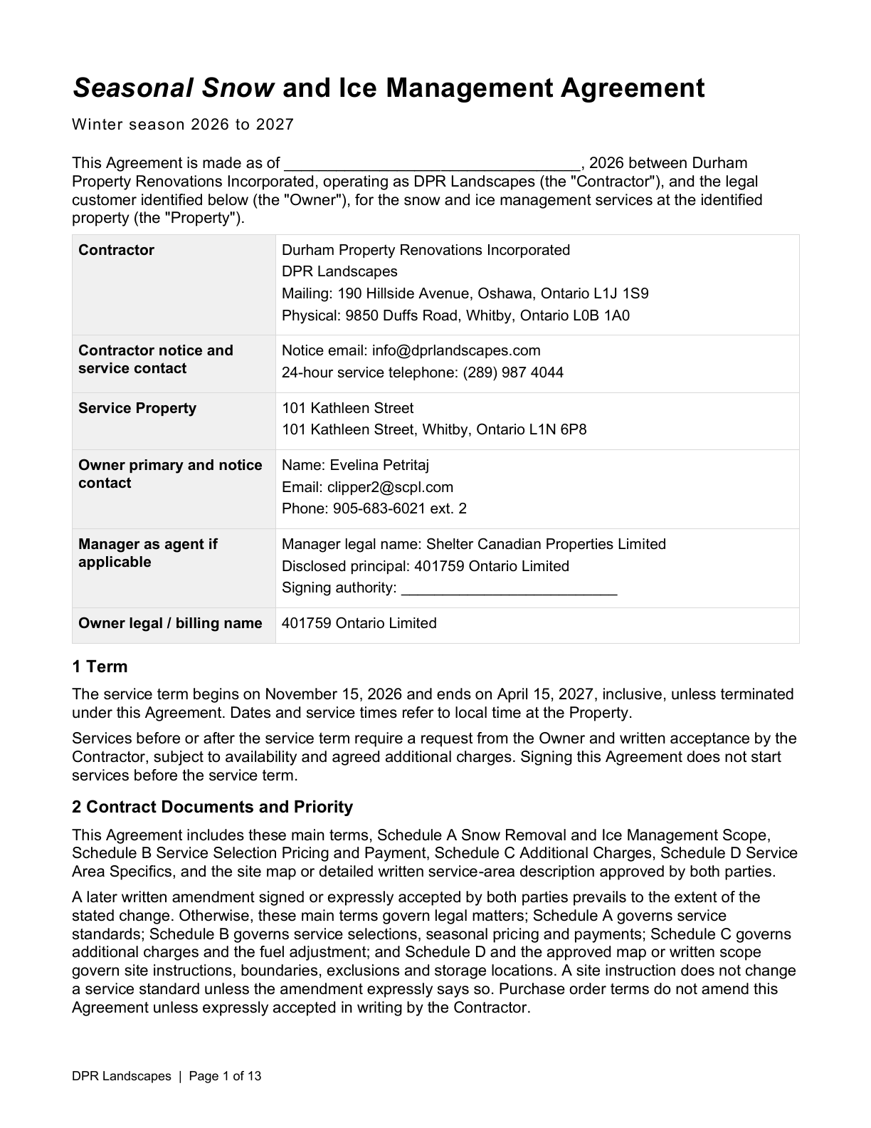 First page of the DPR-2627-002 winter service agreement for 101 Kathleen Street